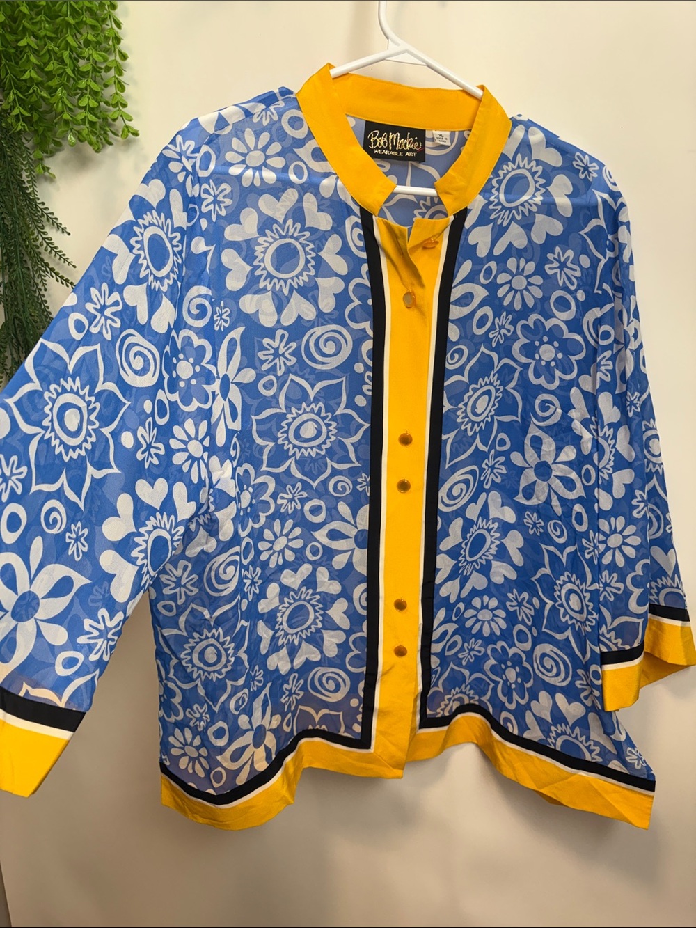 Bob Mackie Blue Floral Button-Down with Yellow Trim